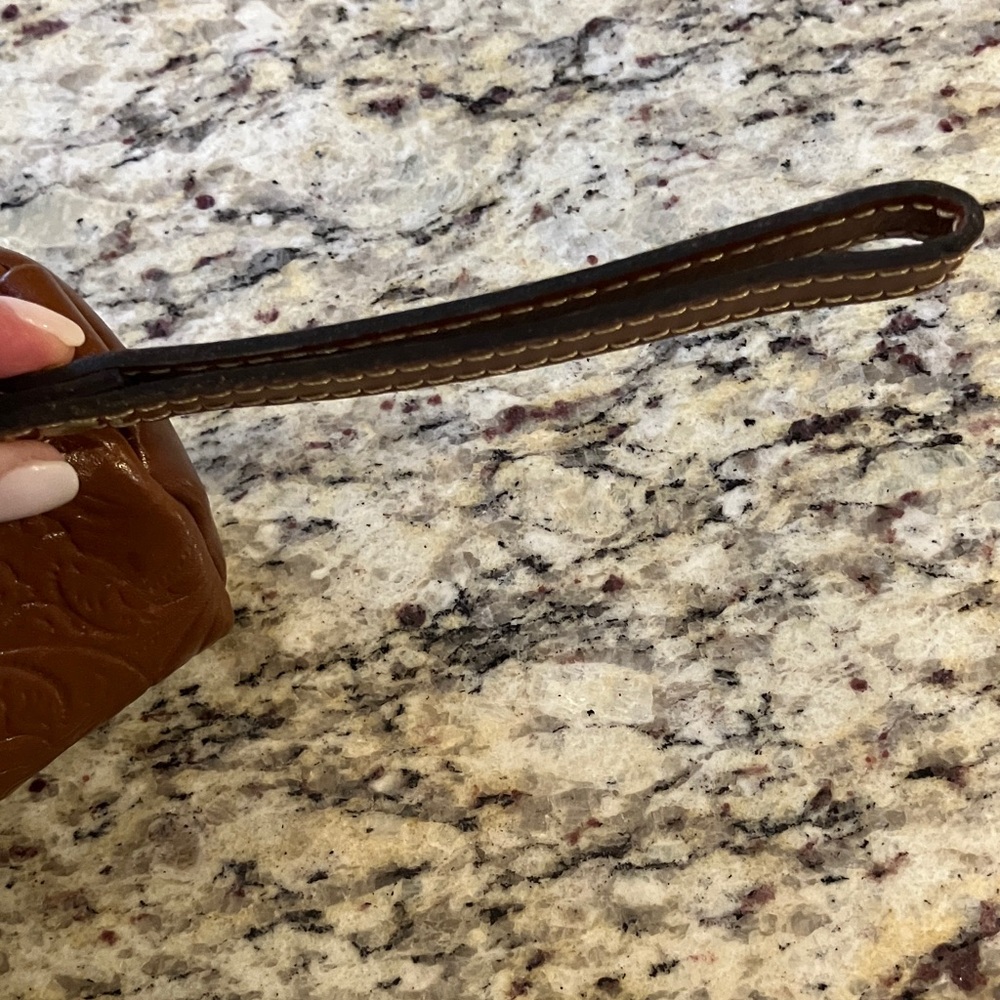 Patricia Nash Cognac Barrel Cosmetic Bag Embossed Leather Wristlet Pouch Zipper - Picture 14 of 16